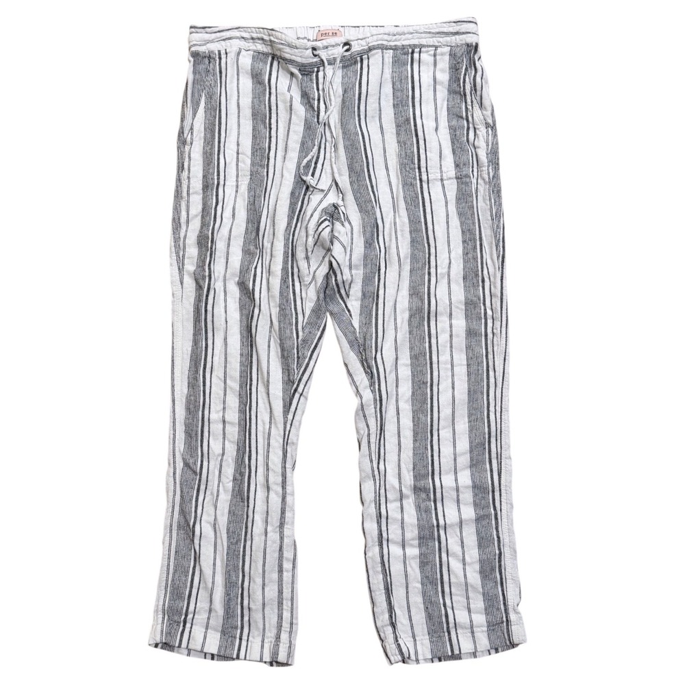 Per Se Striped Linen Blend Drawstring Pants XL Black White Coastal Relaxed